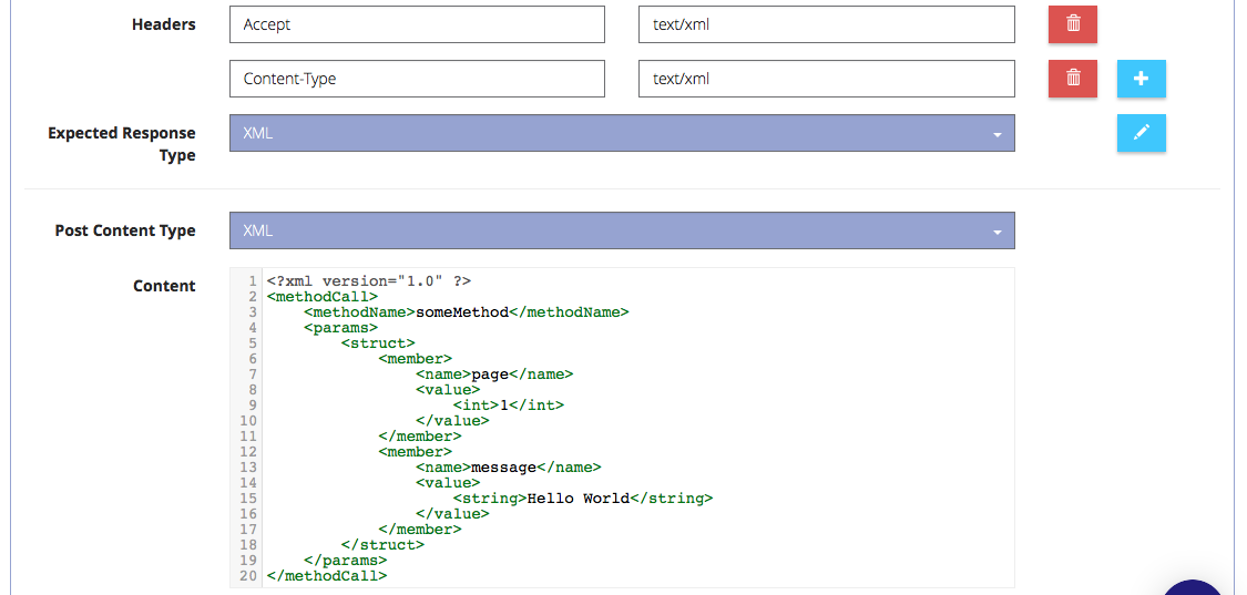 Setting the content and response types to XML and entering the request body in APIContext